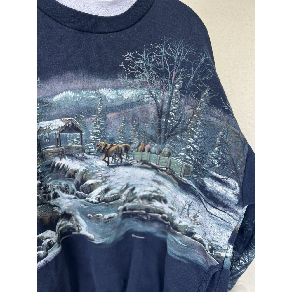 VTG 90's Art Unlimited Winter Wonderland AOP Sweatshirt XL Deer Lake USA Cabin - Picture 3 of 13